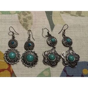 Boho Faux Turquoise Silver Tone Drop Earrings 2 Pairs Floral Medallion Western